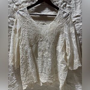 Aziza Lace Mesh floral Top Cream Edwardian Fairy Cottage size S/M Y2K Vintage